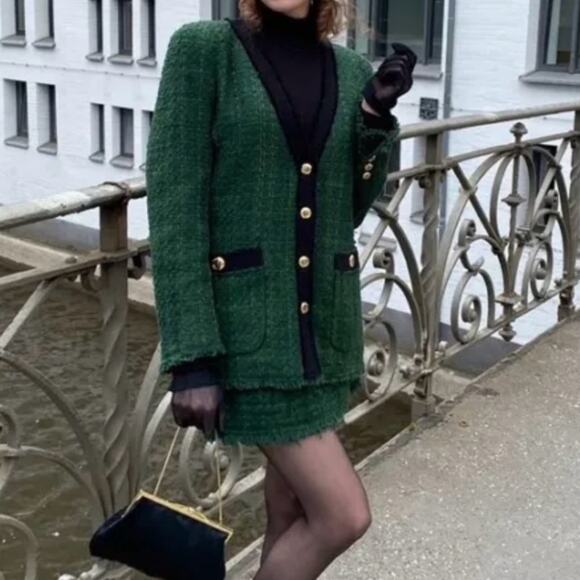 NWT Zara Green Black Trim Textured Tweed Button Blazer Jacket. Blogger fave. - Picture 5 of 13